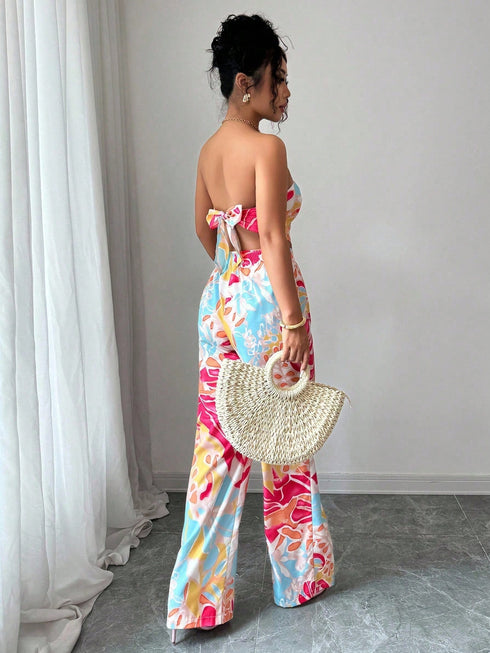 SHEIN Elenzga 2pcs Set: Halter Tie Bow Crop Top & Printed Elegant Romantic Vacation Bottoms For Women0