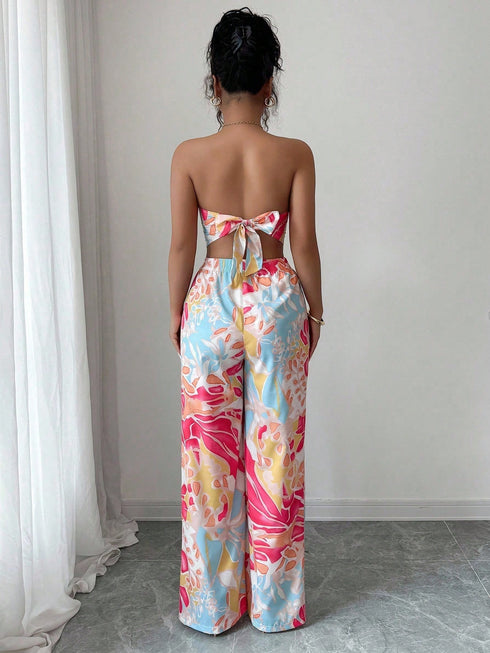 SHEIN Elenzga 2pcs Set: Halter Tie Bow Crop Top & Printed Elegant Romantic Vacation Bottoms For Women1