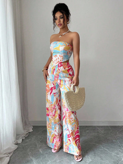 SHEIN Elenzga 2pcs Set: Halter Tie Bow Crop Top & Printed Elegant Romantic Vacation Bottoms For Women