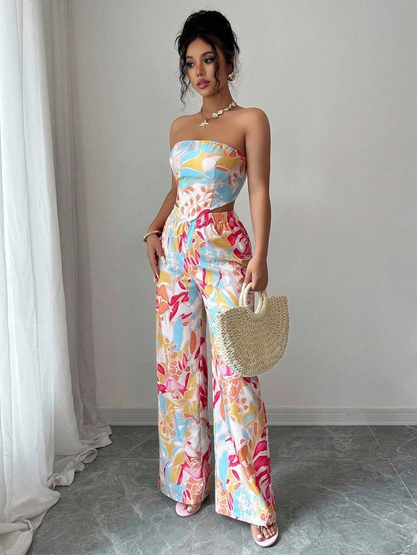 SHEIN Elenzga 2pcs Set: Halter Tie Bow Crop Top & Printed Elegant Romantic Vacation Bottoms For Women