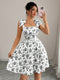 SHEIN Elenzga Cute White Floral Summer Date Dress, New Ditsy Floral Shoulder Tie Cinched Waist A-Line Dress, Elegant Casual Vacation Flattering Silhouette Tea Party