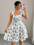 SHEIN Elenzga Cute White Floral Summer Date Dress, New Ditsy Floral Shoulder Tie Cinched Waist A-Line Dress, Elegant Casual Vacation Flattering Silhouette Tea Party