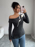 SHEIN Elenzga Elegant Puff Sleeve Button Decor Split Hem Round Neck Women T-Shirt Fall Cloth0