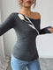 SHEIN Elenzga Elegant Puff Sleeve Button Decor Split Hem Round Neck Women T-Shirt Fall Cloth