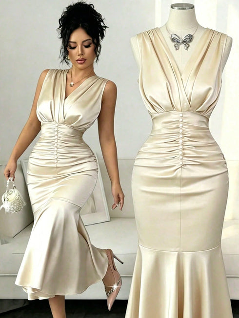 SHEIN Elenzga New V-Neck Knitted Solid Color Sleeveless Elegant Pleated Design With Pearl Decor Ruffle Hem 0