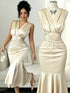SHEIN Elenzga New V-Neck Knitted Solid Color Sleeveless Elegant Pleated Design With Pearl Decor Ruffle Hem 0