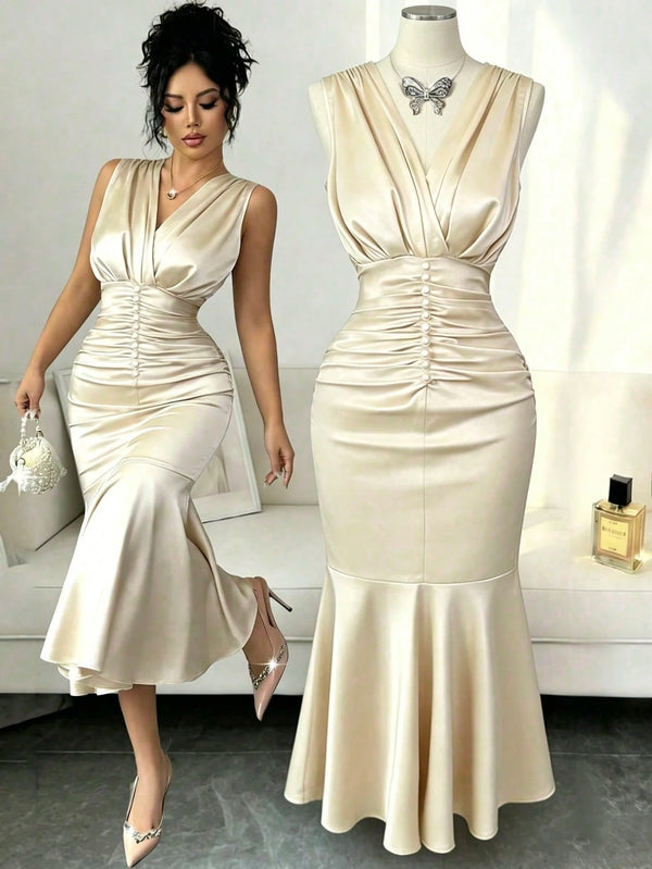 SHEIN Elenzga New V-Neck Knitted Solid Color Sleeveless Elegant Pleated Design With Pearl Decor Ruffle Hem
