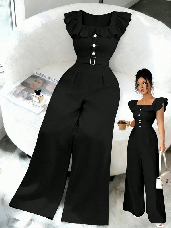 SHEIN Elenzga New Women Square Collar Ruffle Fake Placket Belt Decor Button Jumpsuit, Elegant Daily Commu