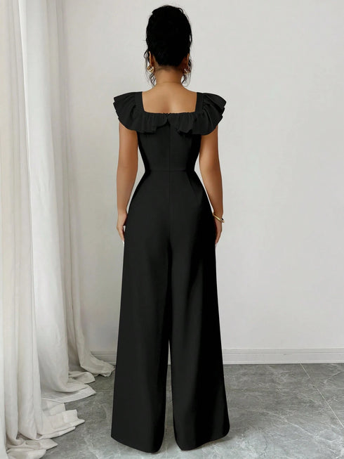 SHEIN Elenzga New Women Square Collar Ruffle Fake Placket Belt Decor Button Jumpsuit, Elegant Daily Commu1