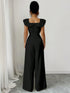 SHEIN Elenzga New Women Square Collar Ruffle Fake Placket Belt Decor Button Jumpsuit, Elegant Daily Commu1