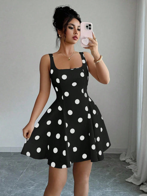 SHEIN Elenzga Square Neck Black Polka Dot Elegant Short Dress