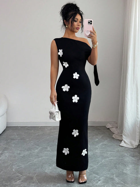 SHEIN Elenzga Women's Elegant 3D Floral Decor Sleeveless Asymmetric Neck Tie Waist Slim Fit Dress1