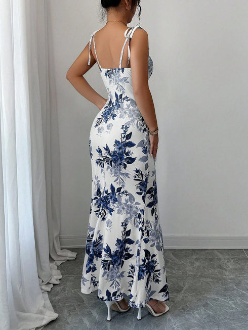 SHEIN Elenzya New Women's Spaghetti Strap Tie Bow Waist Ruched Hem Slit Design Dress, Versatile For Dates, Parties, Daily Wear, Flattering & Elegant000