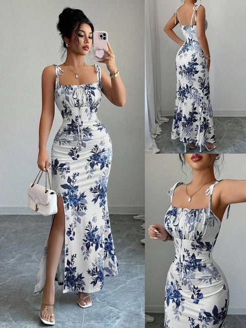 SHEIN Elenzya New Women's Spaghetti Strap Tie Bow Waist Ruched Hem Slit Design Dress, Versatile For Dates, Parties, Daily Wear, Flattering & Elegant