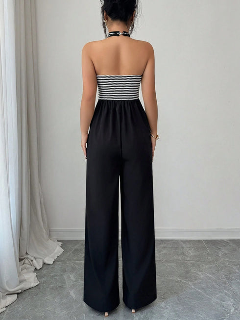 SHEIN Elenzya Summer Elegant Women's Jumpsuit,Houndstooth Black And White Striped Patchwork Wide Leg,Seksi Chic Night Out Resort Vacation Wedding Guest Outfit