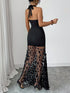 SHEIN Elenzya Women's Black Mesh Floral Ruffle Waist Fitted A-Line Sleeveless Halter Neck Elegant Dress00