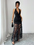 SHEIN Elenzya Women's Black Mesh Floral Ruffle Waist Fitted A-Line Sleeveless Halter Neck Elegant Dress0