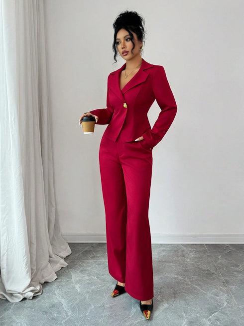 SHEIN Elenzya Women's Lapel Collar Slim Fit Blazer Jacket And Flared Suit Pants 2 Pieces Set1