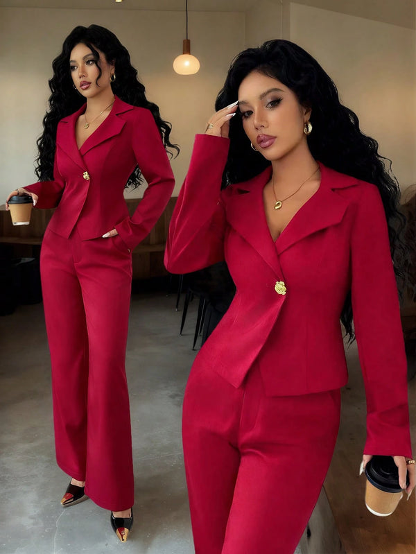 SHEIN Elenzya Women's Lapel Collar Slim Fit Blazer Jacket And Flared Suit Pants 2 Pieces Set