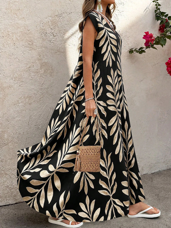SHEIN Elenzya Women's Retro Patterned Extra Long Dressfall Clothes Fall Clothes