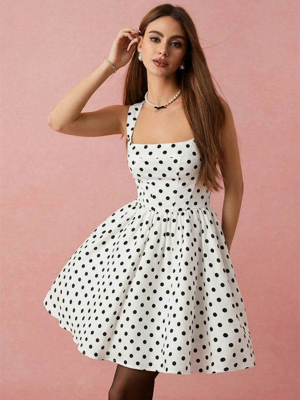 SHEIN Enchnt Summer Women's White With Black Polka Dots Square Neck Sleeveless 90s Retro Cute Party Dress,Elegant Graduation Birthday Vacation Short Dress