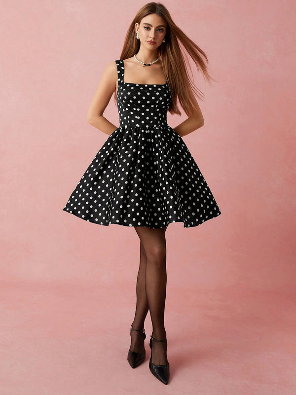 SHEIN Enchnt Women's Elegant Black And White Polka Dot Summer Sleeveless Dress,Waist Cinched Party Dress For Date Dinner,Holiday,Vacation,Valentine's Day
