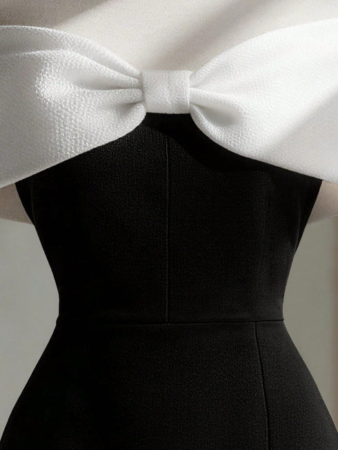 SHEIN Endroma Women's Elegant Contrast Color Bow Off-Shoulder Dress Black Dress Classy Elegant Black White Dress Bustier0