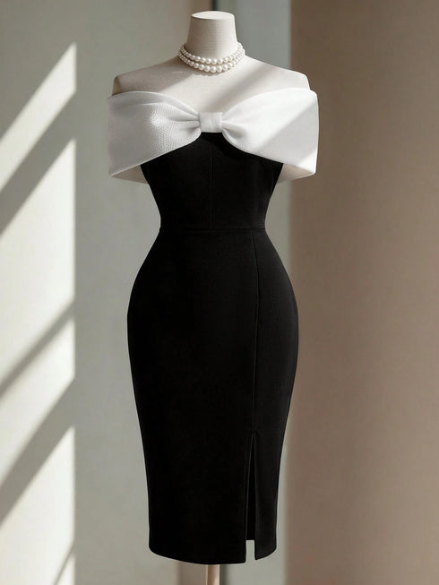 SHEIN Endroma Women's Elegant Contrast Color Bow Off-Shoulder Dress Black Dress Classy Elegant Black White Dress Bustier