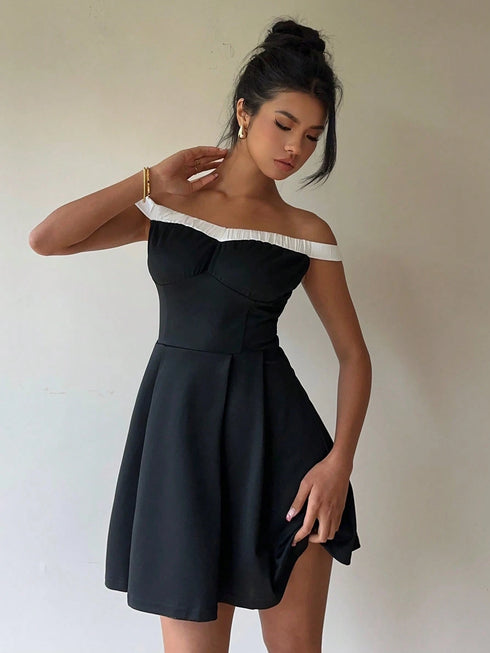 SHEIN Essnce Women's Spring/Summer Off-Shoulder Black & White Color Block Mini A-Line Dress00