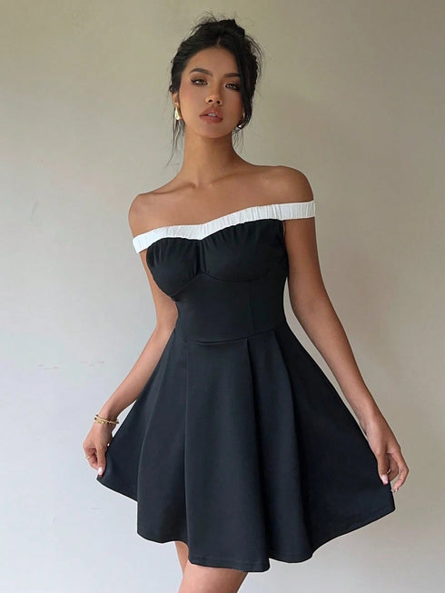 SHEIN Essnce Women's Spring/Summer Off-Shoulder Black & White Color Block Mini A-Line Dress
