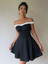 SHEIN Essnce Women's Spring/Summer Off-Shoulder Black & White Color Block Mini A-Line Dress