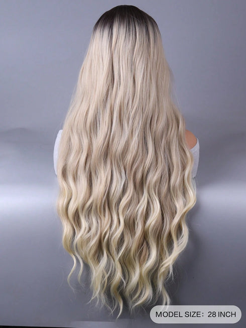 SHEIN European And American Fashion Long Brown Wavy Wig With Bangs 28 "Full Head Wig1