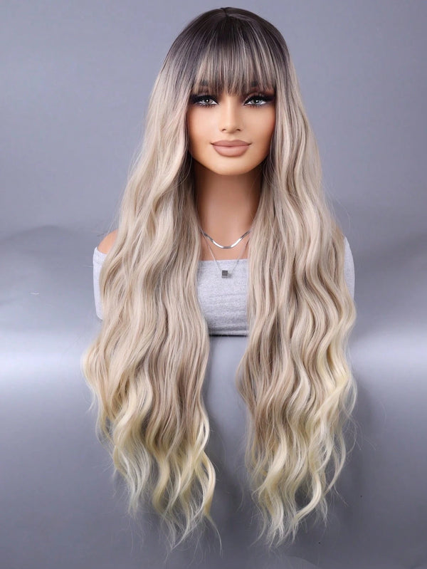 SHEIN European And American Fashion Long Brown Wavy Wig With Bangs 28 "Full Head Wig