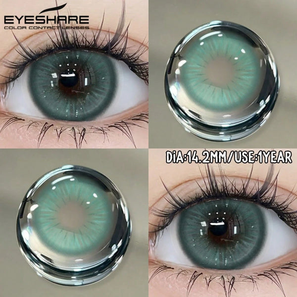 Collage of green contact lenses with close-ups on an eye and lens, featuring 'EYESHARE' branding.