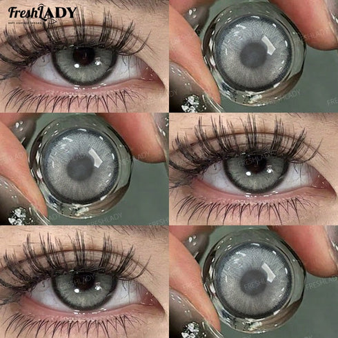 Collage of contact lenses worn in an eye, with 'FreshLady' branding.