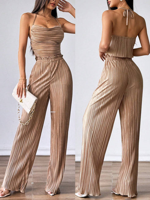 SHEIN Firerie 2pcs Women's Halter Back-Tie Top And Elastic Waist Pants Casual Suit0