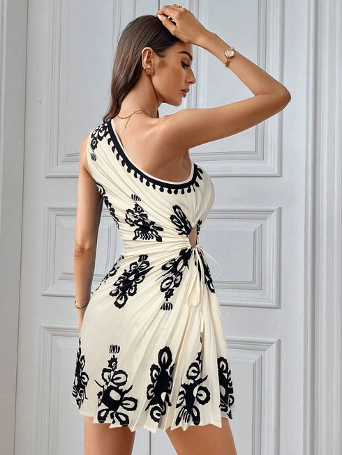 SHEIN Firerie Women's Elegant Bohemian Printed One Shoulder Pleated Hollow-Out Mini Beach Dress1