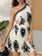 SHEIN Firerie Women's Elegant Bohemian Printed One Shoulder Pleated Hollow-Out Mini Beach Dress