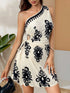 SHEIN Firerie Women's Elegant Bohemian Printed One Shoulder Pleated Hollow-Out Mini Beach Dress
