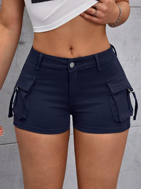 SHEIN Flexra Women's Regular Fit Vintage Wash Casual Cargo Denim Shorts000