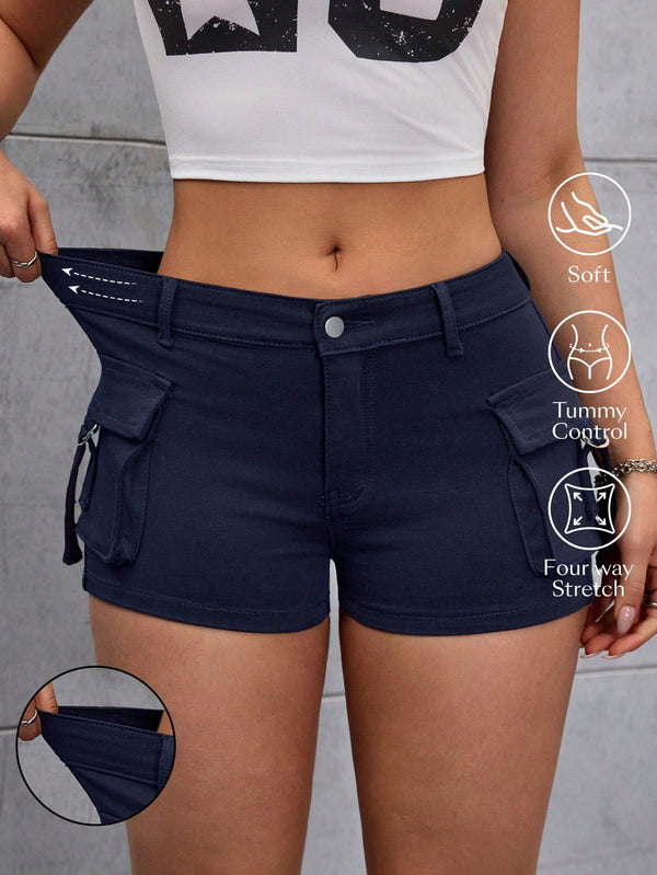 SHEIN Flexra Women's Regular Fit Vintage Wash Casual Cargo Denim Shorts
