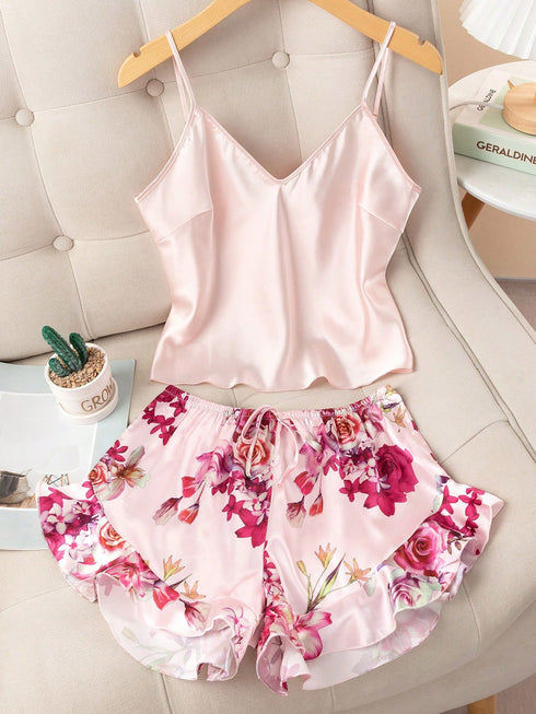 SHEIN Floral Print Satin Cami Top & Shorts PJ Set / Pajama Set