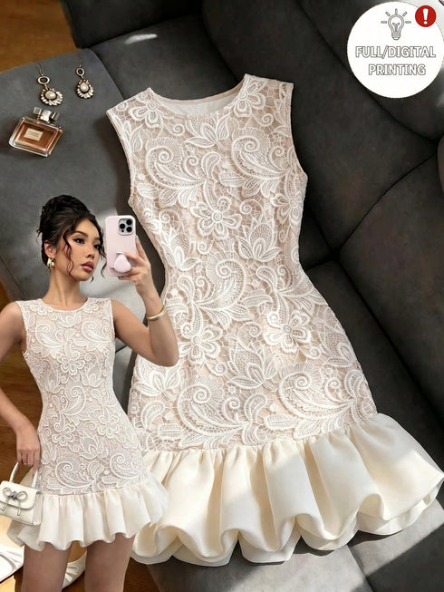 SHEIN Franclia Women's Elegant White Lace Print Round Neck Elastic Waist Bodycon Spliced Solid Hem Mini Dress, Summer Commute