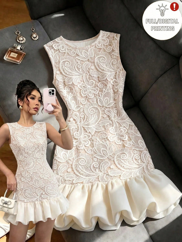 SHEIN Franclia Women's Elegant White Lace Print Round Neck Elastic Waist Bodycon Spliced Solid Hem Mini Dress, Summer Commute
