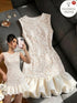 SHEIN Franclia Women's Elegant White Lace Print Round Neck Elastic Waist Bodycon Spliced Solid Hem Mini Dress, Summer Commute