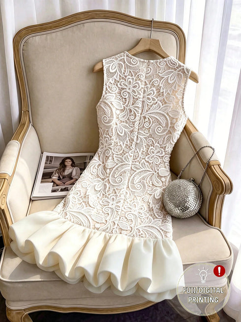 SHEIN Franclia Women's Elegant White Lace Print Round Neck Elastic Waist Bodycon Spliced Solid Hem Mini Dress, Summer Commute