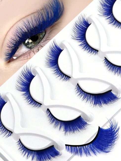 SHEIN GROINNEYA 5 Pairs Colored False Eyelashes Cat Eye Eyelashes Blue Faux Mink Lashes Cosplay Fluffy Soft Cross0