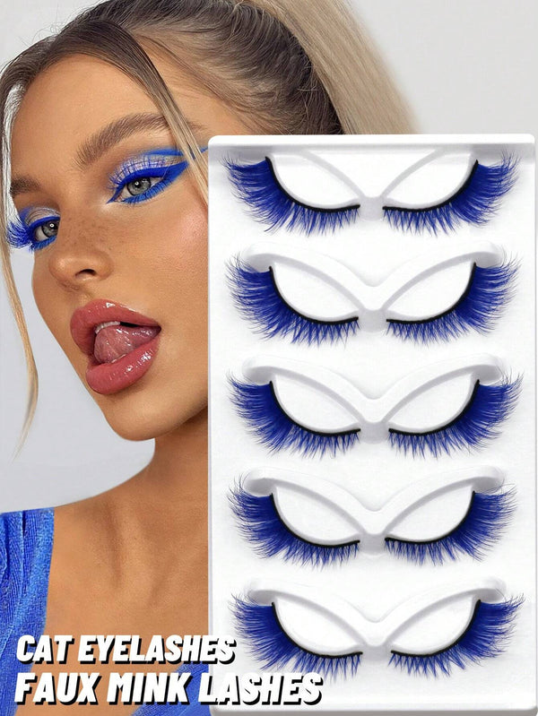SHEIN GROINNEYA 5 Pairs Colored False Eyelashes Cat Eye Eyelashes Blue Faux Mink Lashes Cosplay Fluffy Soft Cross