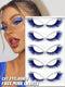 Cat eyelashes with blue and white color scheme displayed in a box, alongside a model wearing the lashes.