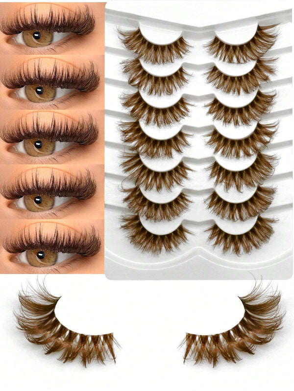 Set of false eyelashes with close-up views on eyes and packaging.